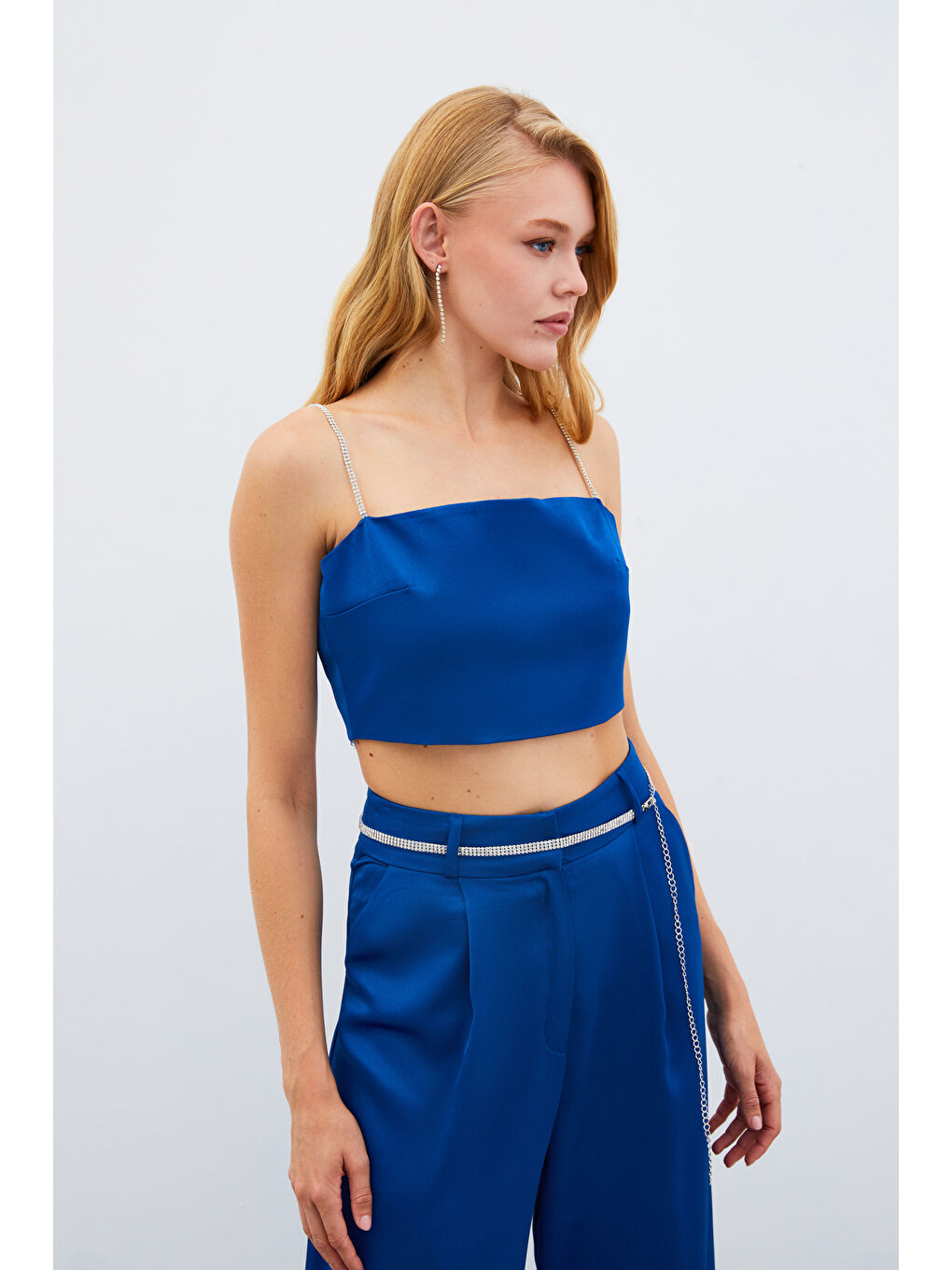 SATEEN Taş Askılı Saten Crop Bluz - Mavi - 1