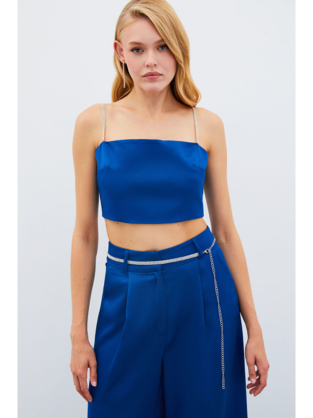 SATEEN Taş Askılı Saten Crop Bluz - Mavi - 3