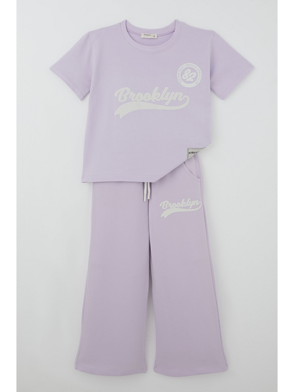Kız Çocuk Pantolonlu Takım Brooklyn Yazı Baskılı Bağcıklı Açık Lila (8-14 Yaş)