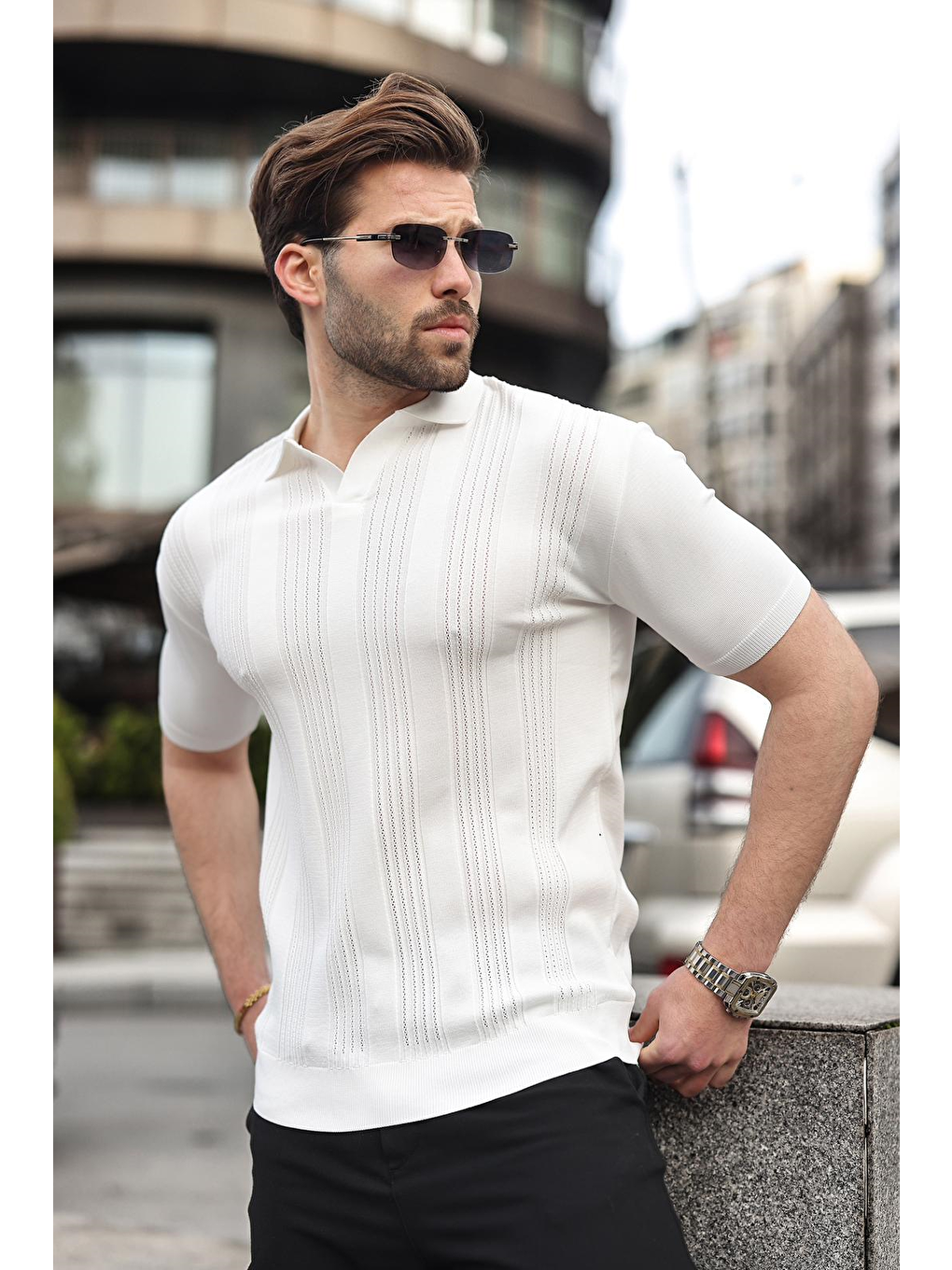 Beyaz Polo Yaka Triko Erkek Tişört E7469-1