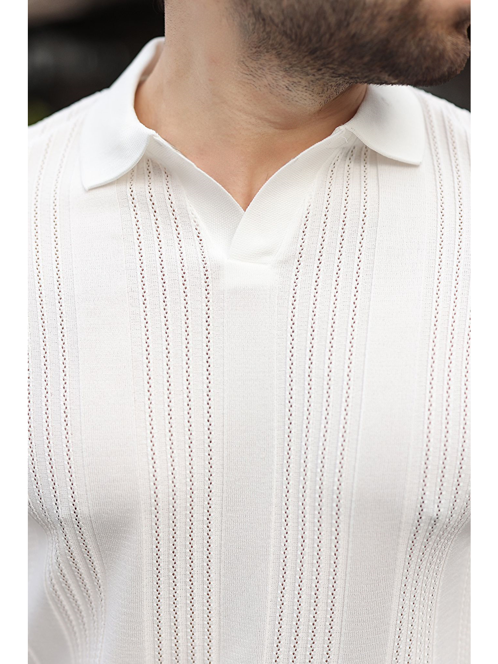 Beyaz Polo Yaka Triko Erkek Tişört E7469-2