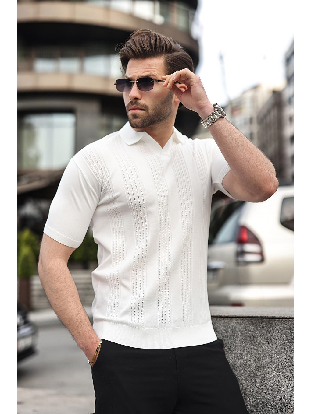 Beyaz Polo Yaka Triko Erkek Tişört E7469-3