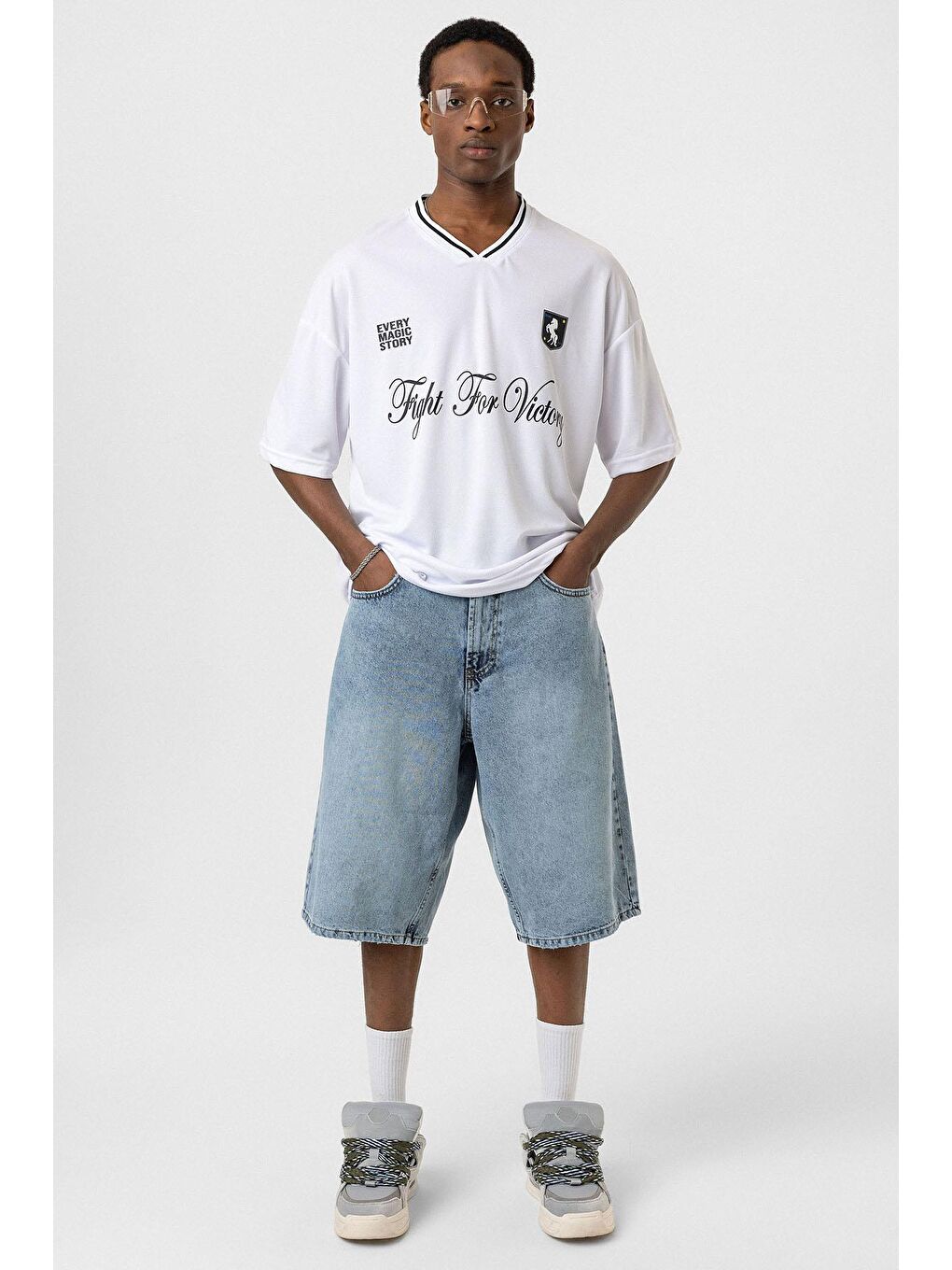 Baskılı Oversize Forma Tişört Beyaz