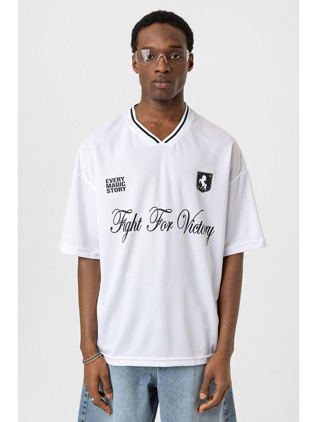 Baskılı Oversize Forma Tişört Beyaz-2