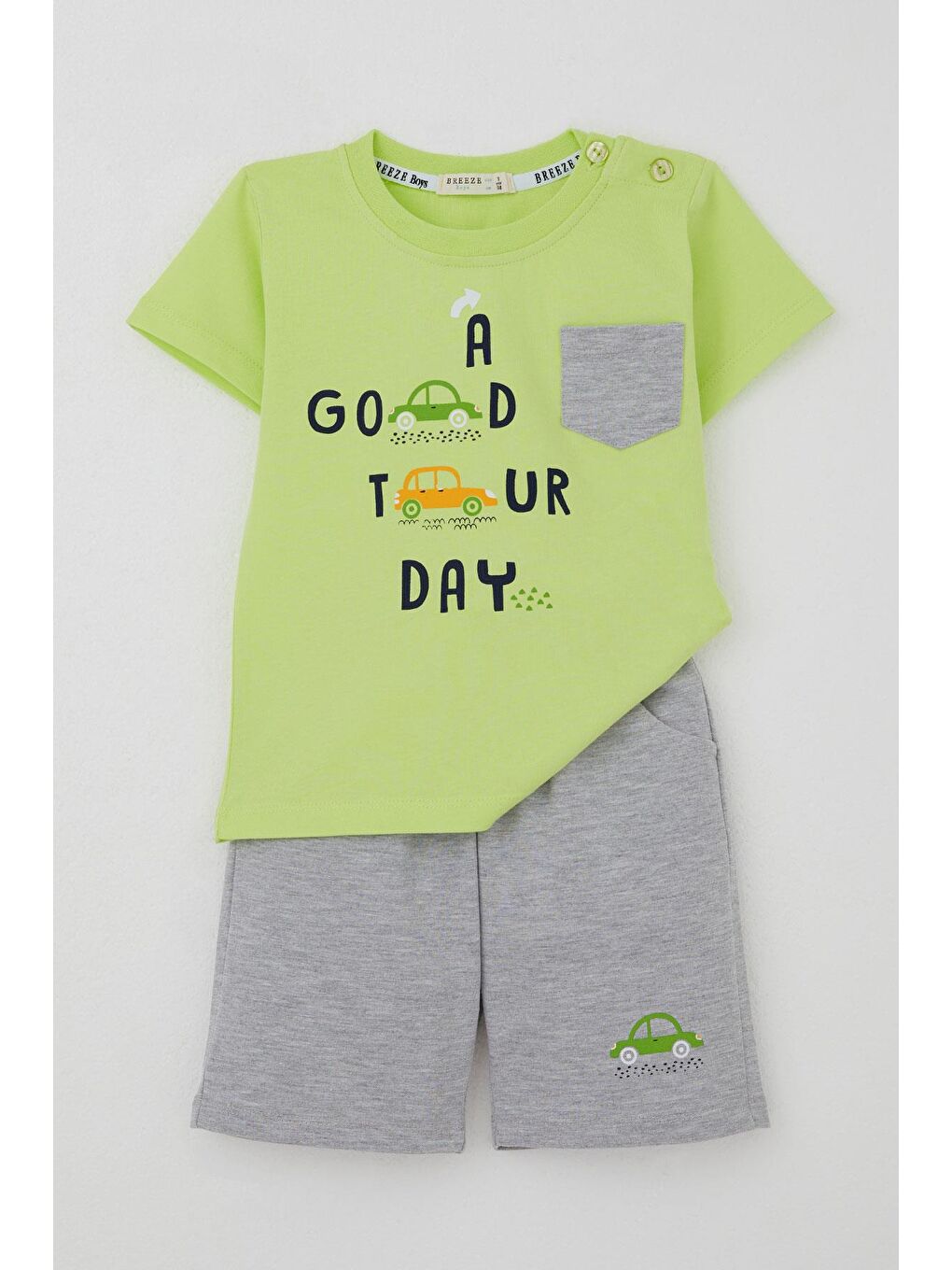 Erkek Çocuk Şortlu Takım Araba Baskılı Cep Detaylı Fıstık Yeşili (1.5-5 Yaş)