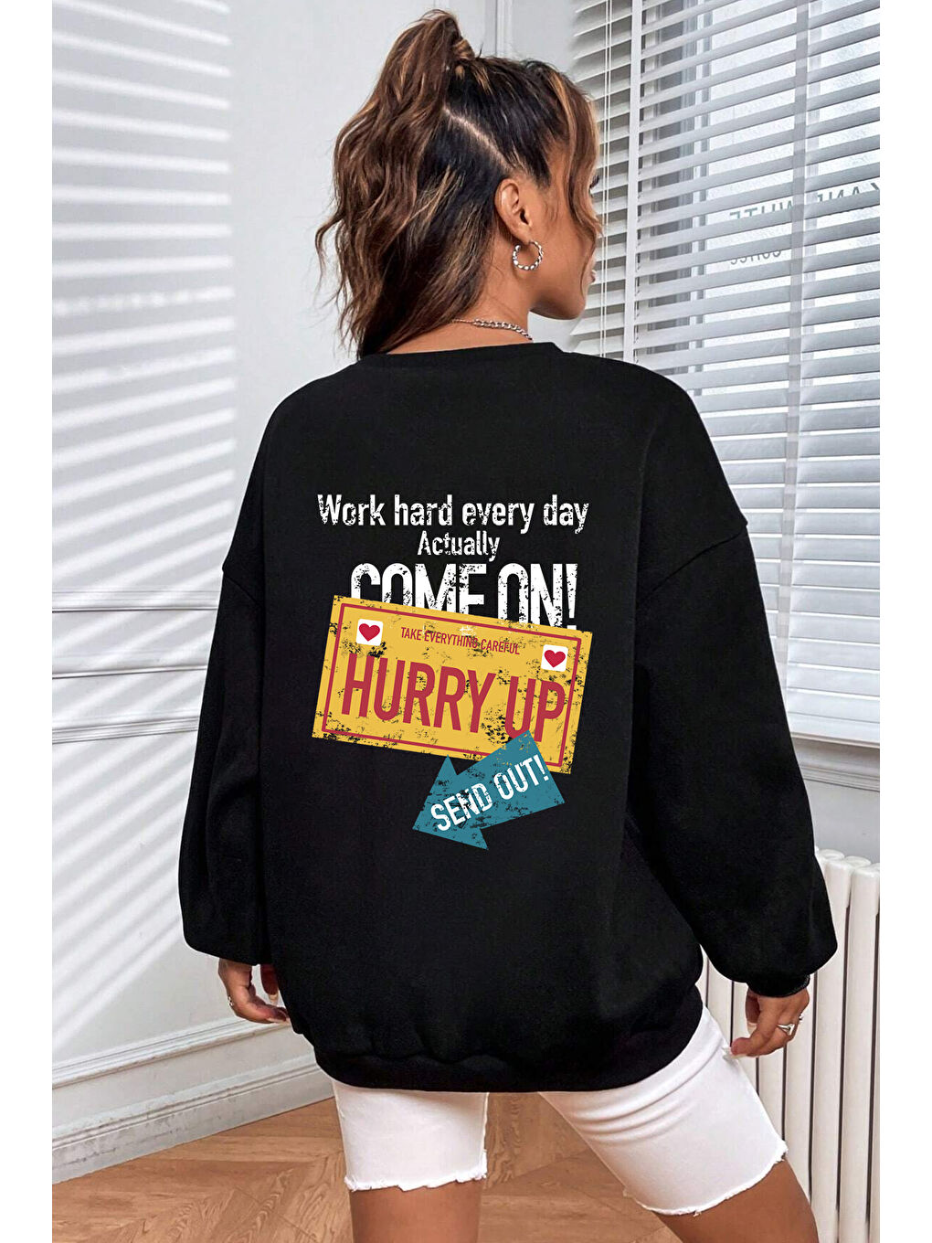 Siyah Unisex Hurry Up Baskılı Bisiklet Yaka Sweatshirt