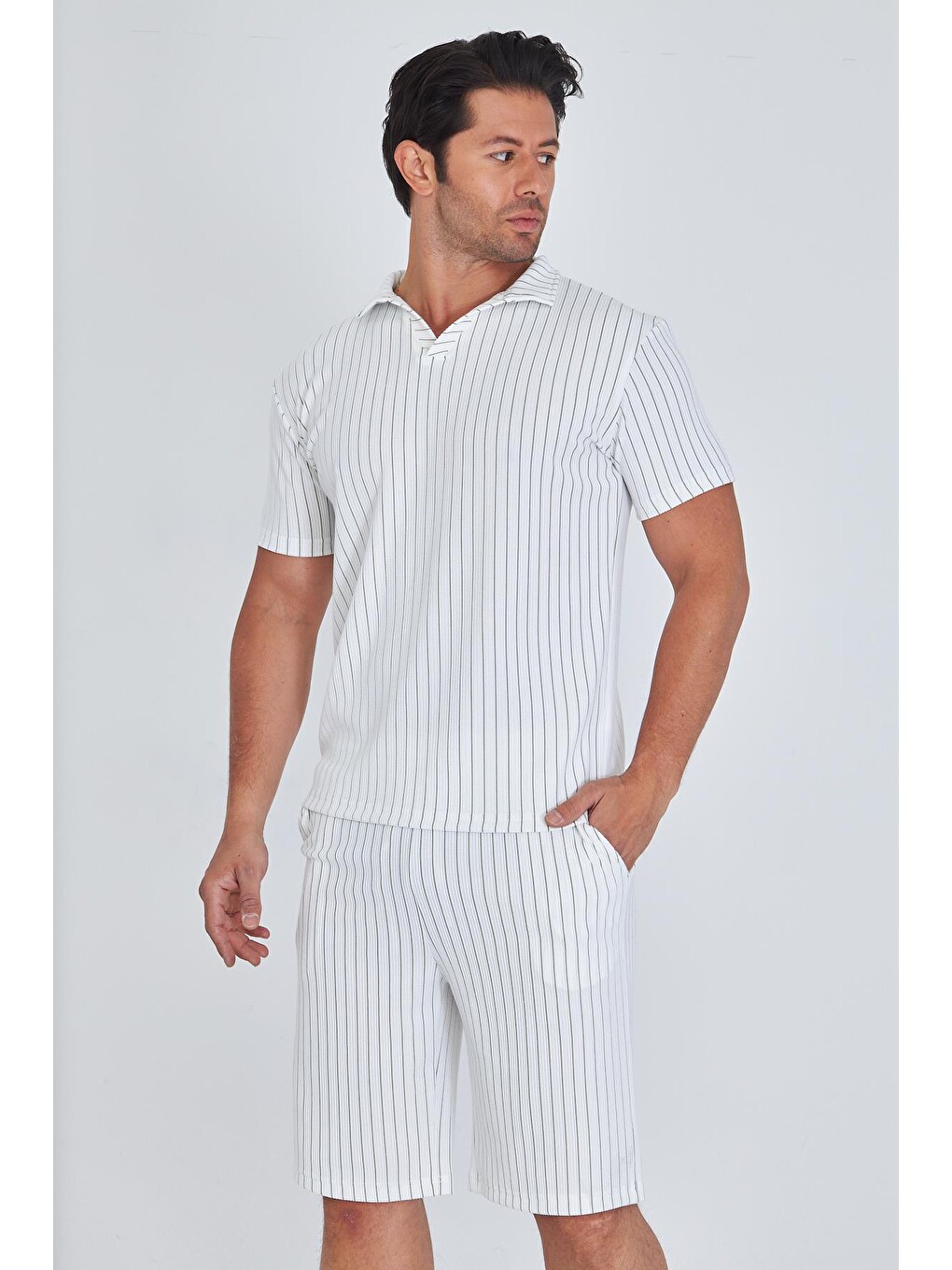Erkek Yakalı Çizgili Polycotton T-shirt Şort İkili Takım Haki 5733-h