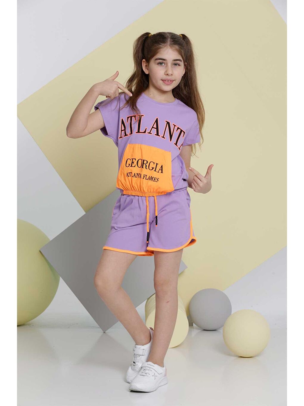 Turuncu Atlanta Baskılı Kız Çocuk Şortlu Rahat Yazlık Takım