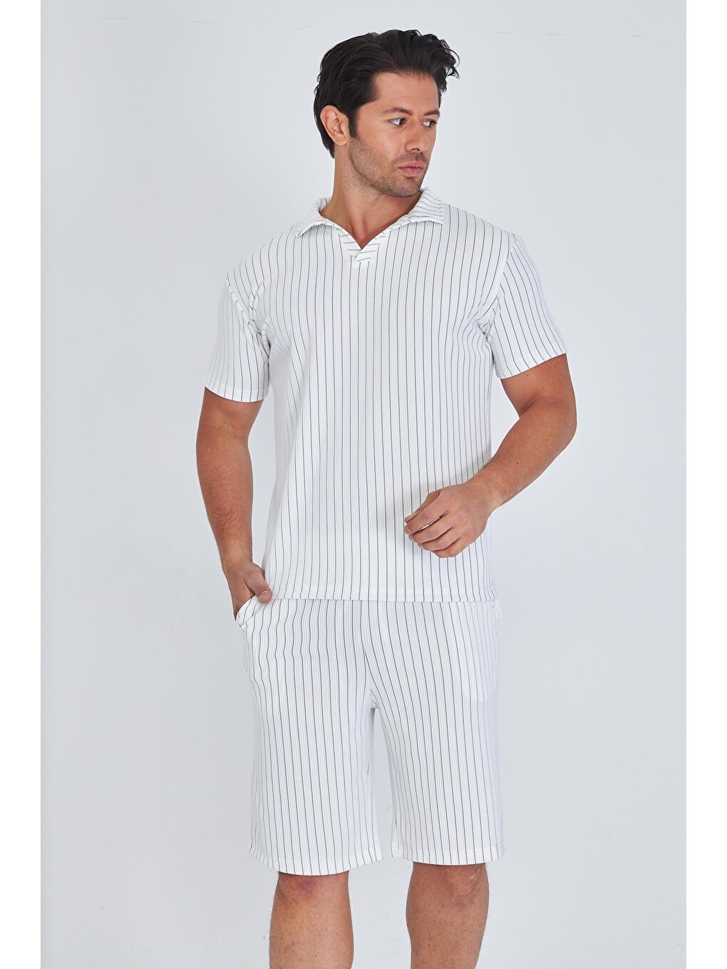 Erkek Yakalı Çizgili Polycotton T-shirt Şort İkili Takım Haki 5733-h-1