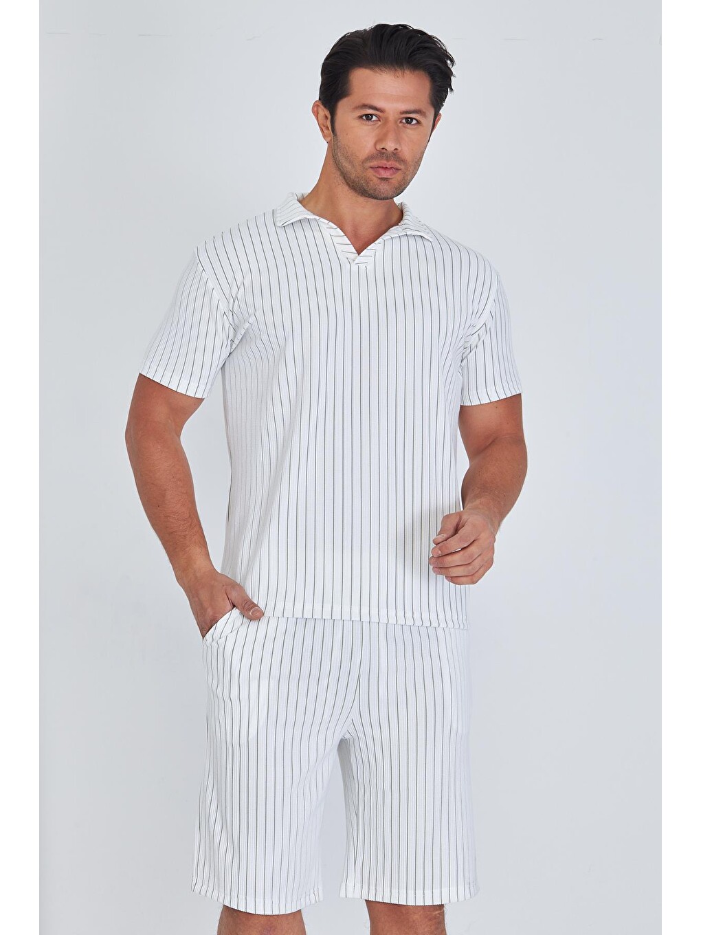 Erkek Yakalı Çizgili Polycotton T-shirt Şort İkili Takım Haki 5733-h-2
