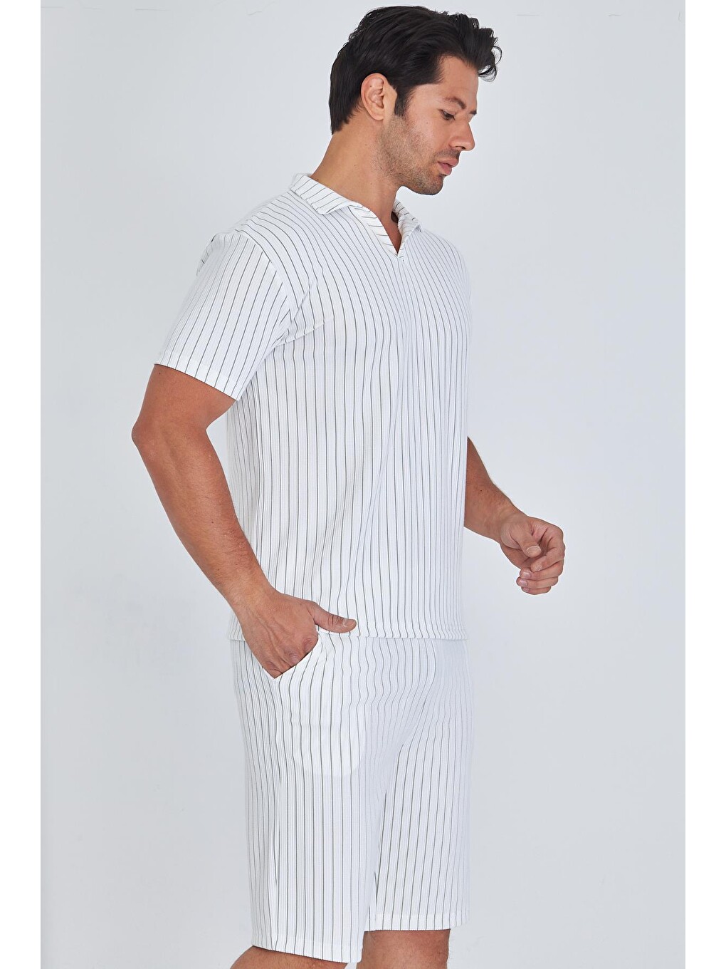 Erkek Yakalı Çizgili Polycotton T-shirt Şort İkili Takım Haki 5733-h-3