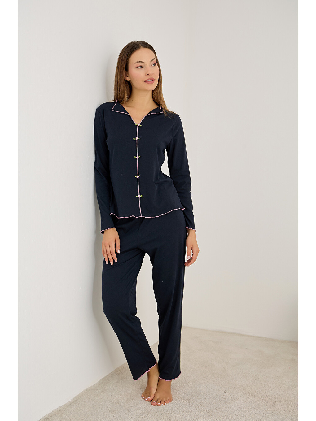 Lacivert Gül Aksesuarlı Uzun Kollu Pijama Takım 7939-1