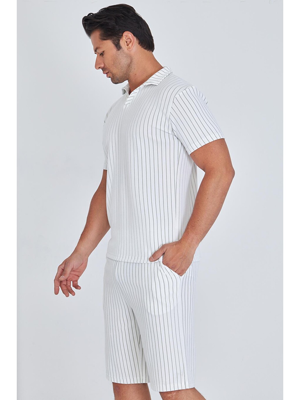 Erkek Yakalı Çizgili Polycotton T-shirt Şort İkili Takım Haki 5733-h-4