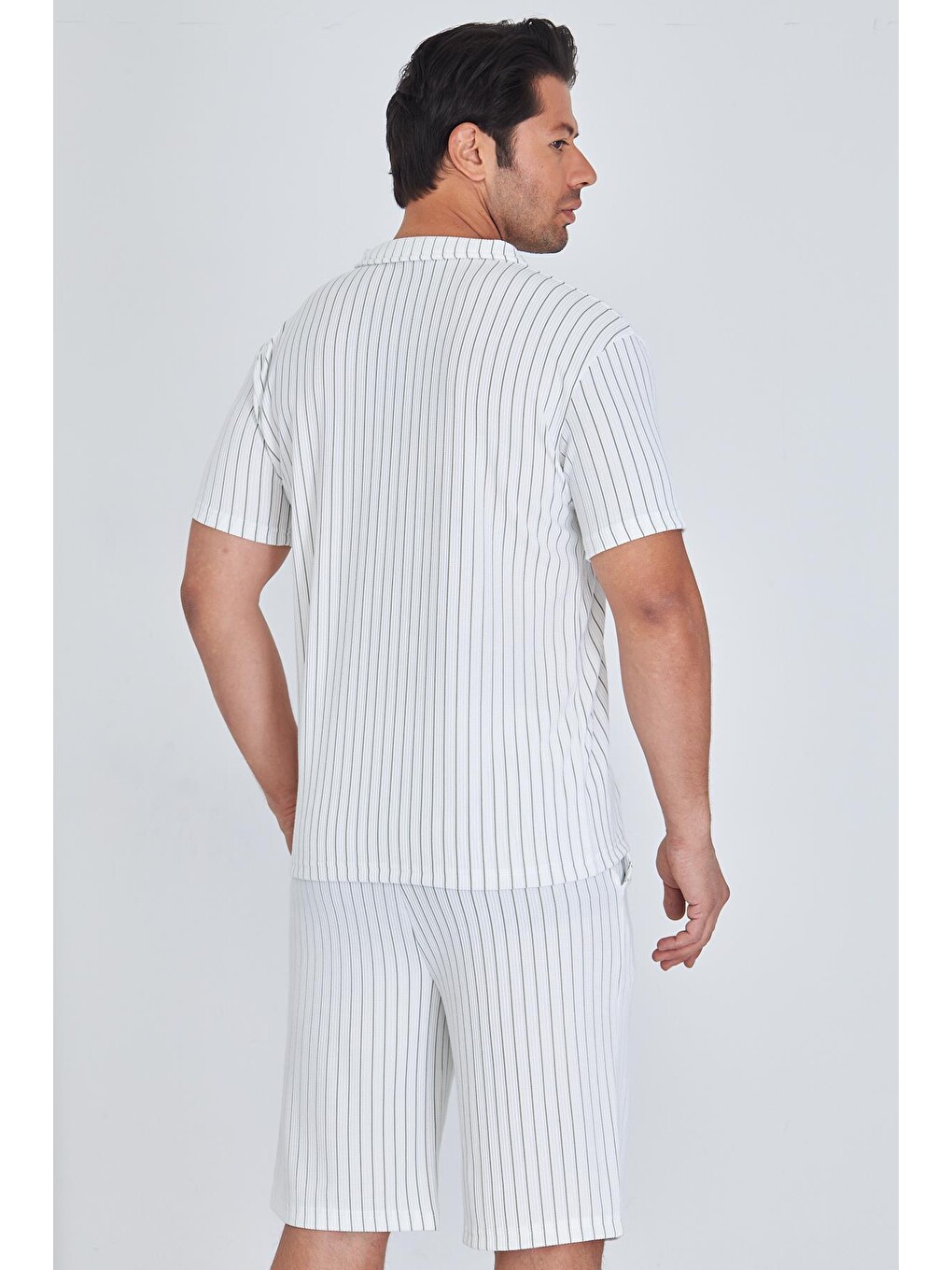 Erkek Yakalı Çizgili Polycotton T-shirt Şort İkili Takım Haki 5733-h-5