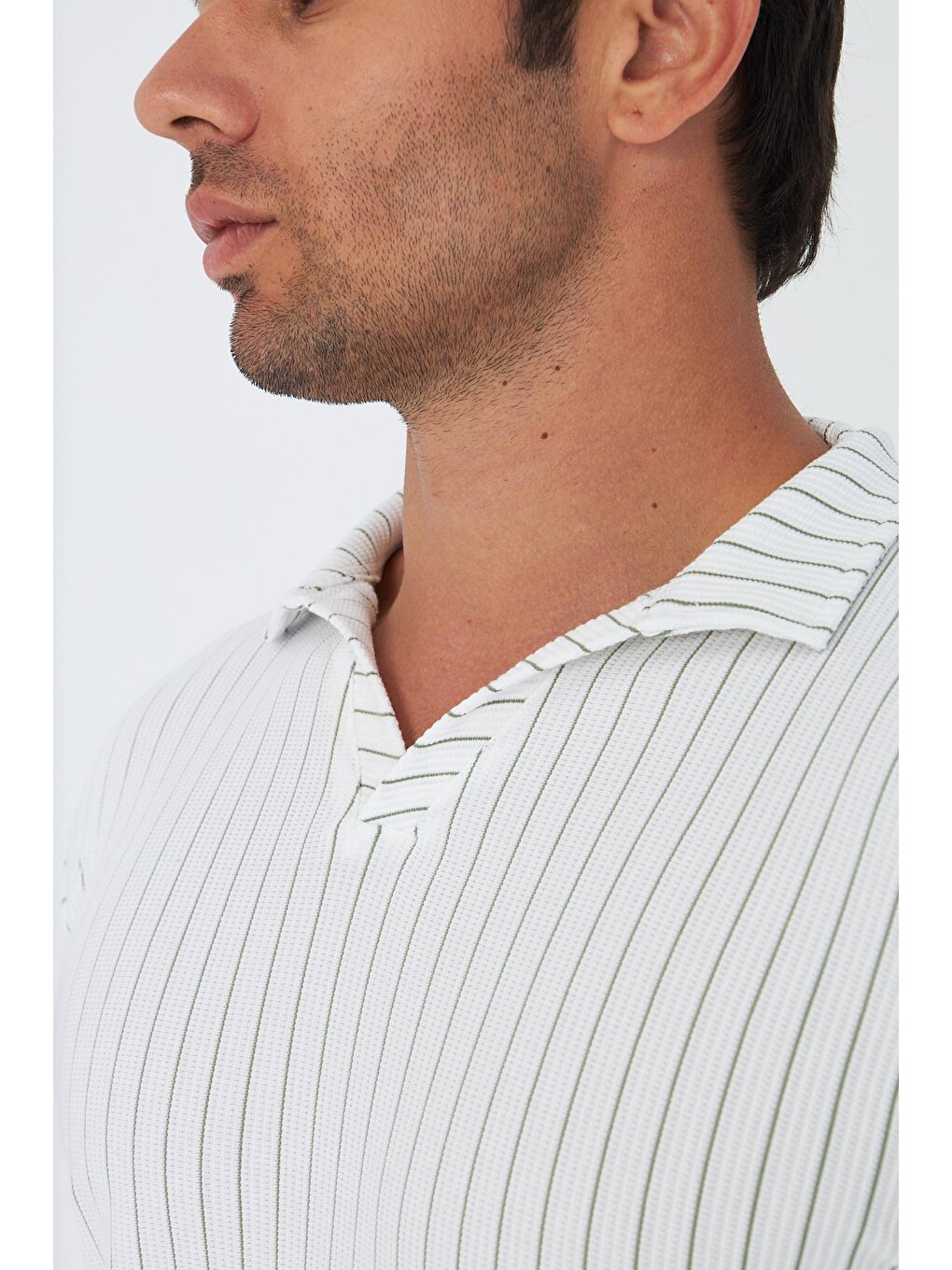 Erkek Yakalı Çizgili Polycotton T-shirt Şort İkili Takım Haki 5733-h-6