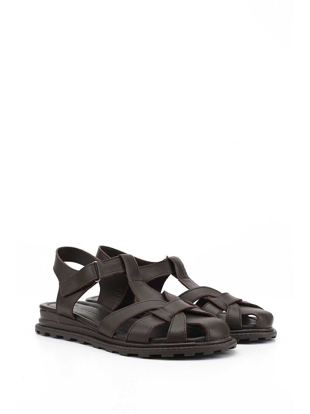 Kahverengi Kadın TÜTÜN KAHVE Cırt Bantlı Burnu Kapalı Hakiki Deri Sandalet-1