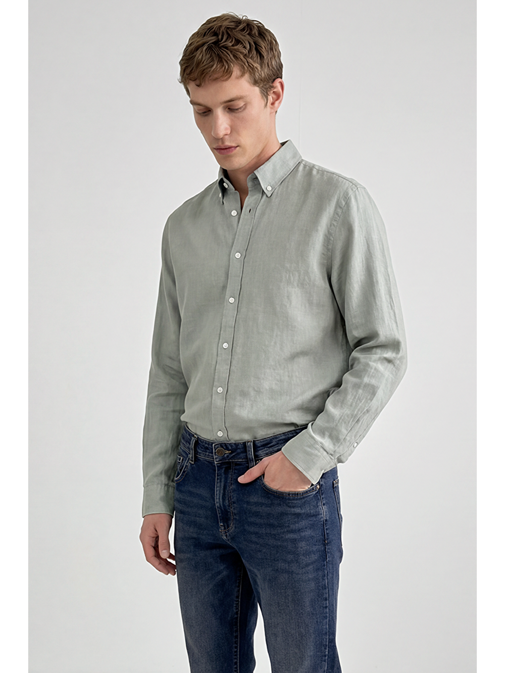 Yeşil %100 Keten Regular Fit Gömlek-2