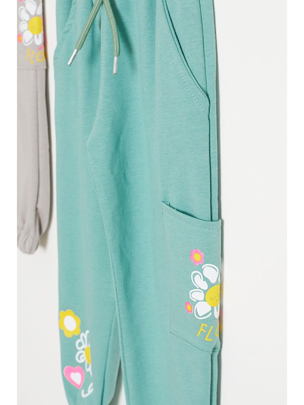 Kız Çocuk Paçası Çiçek Baskılı 2li Eşofman Altı Bej-Yeşil 18390-1