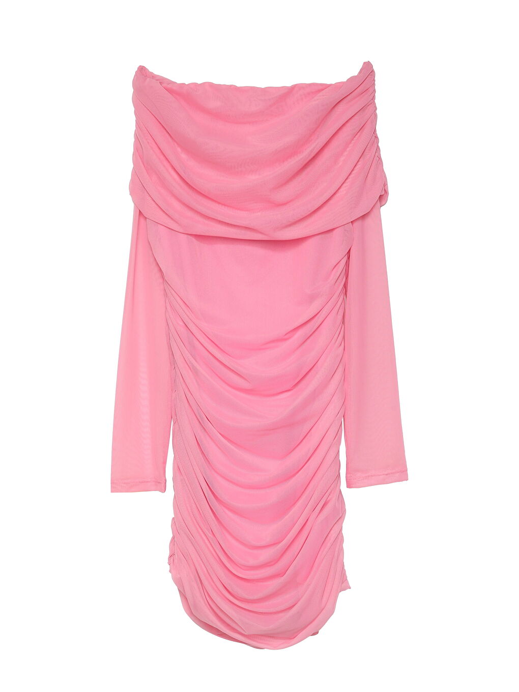 QUZU Omuzları Açık Drape Detaylı Tül Mini Elbise Pembe