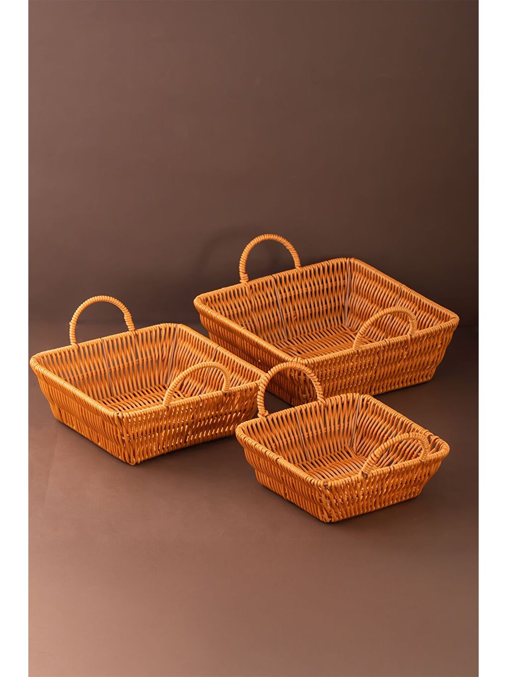 Kahverengi 303-D Kare 3'lü Hasır Sepet Dekoratif-1
