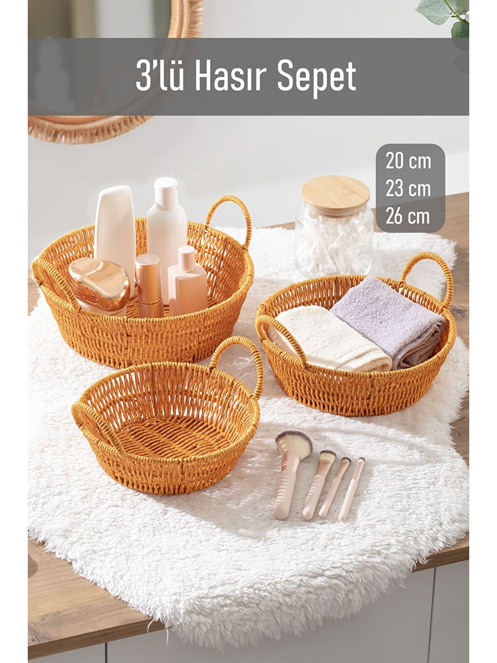 Kahverengi 304-A Yuvarlak 3'lü Hasır Sepet Dekoratif Ev Düzenleyici Hasır Sepet Seti Banyo Düzenleyici Sepet