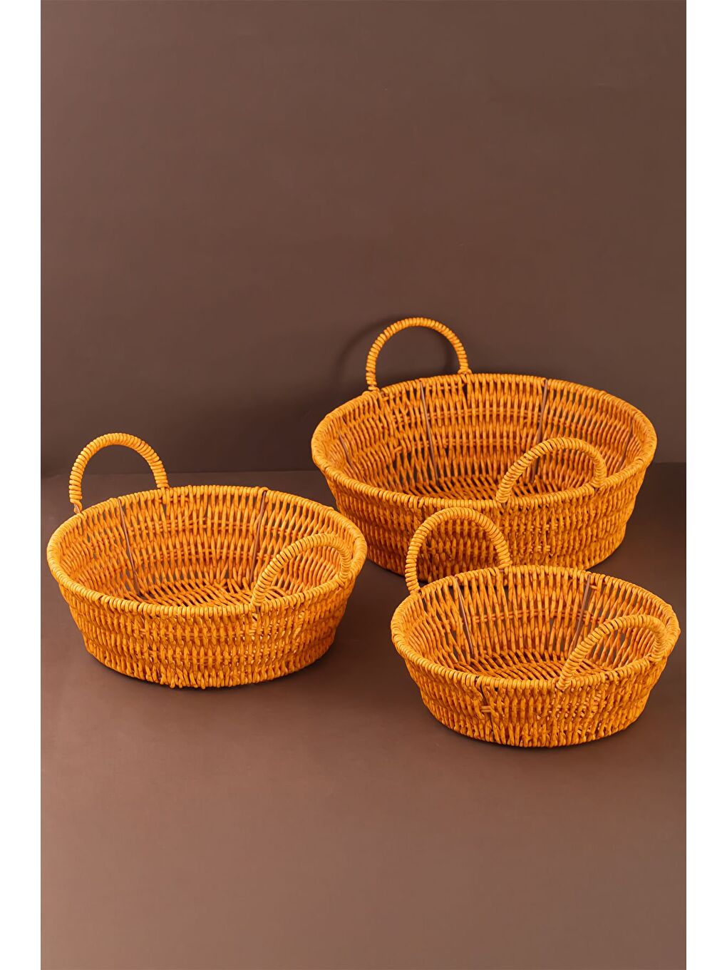 Kahverengi 304-A Yuvarlak 3'lü Hasır Sepet Dekoratif Ev Düzenleyici Hasır Sepet Seti Banyo Düzenleyici Sepet-1