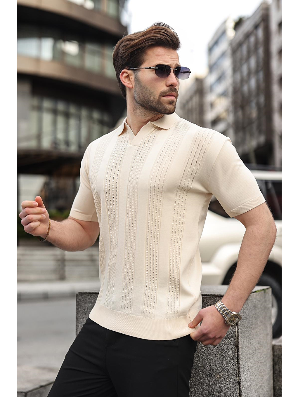 Bej Taş Rengi Polo Yaka Triko Erkek Tişört E7469