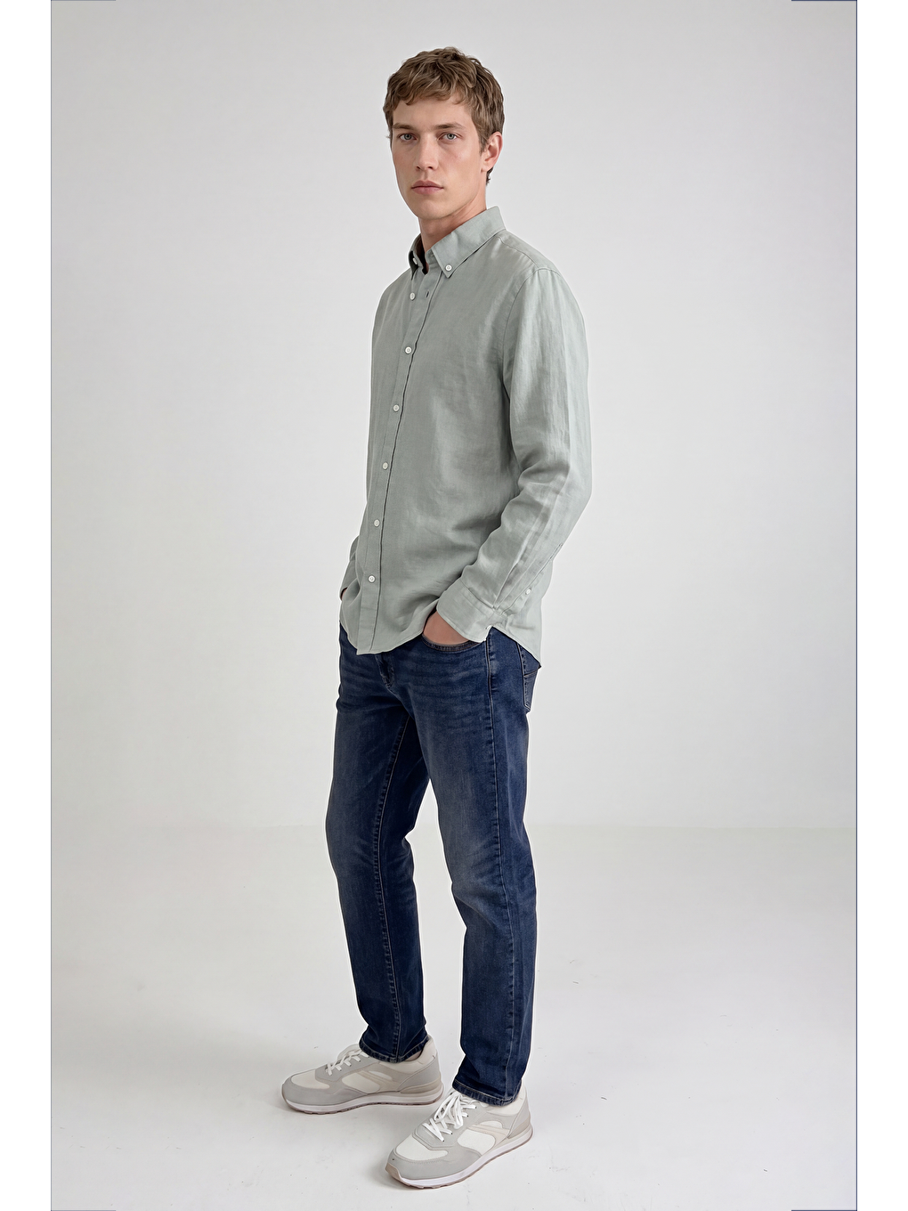 Yeşil %100 Keten Regular Fit Gömlek-3