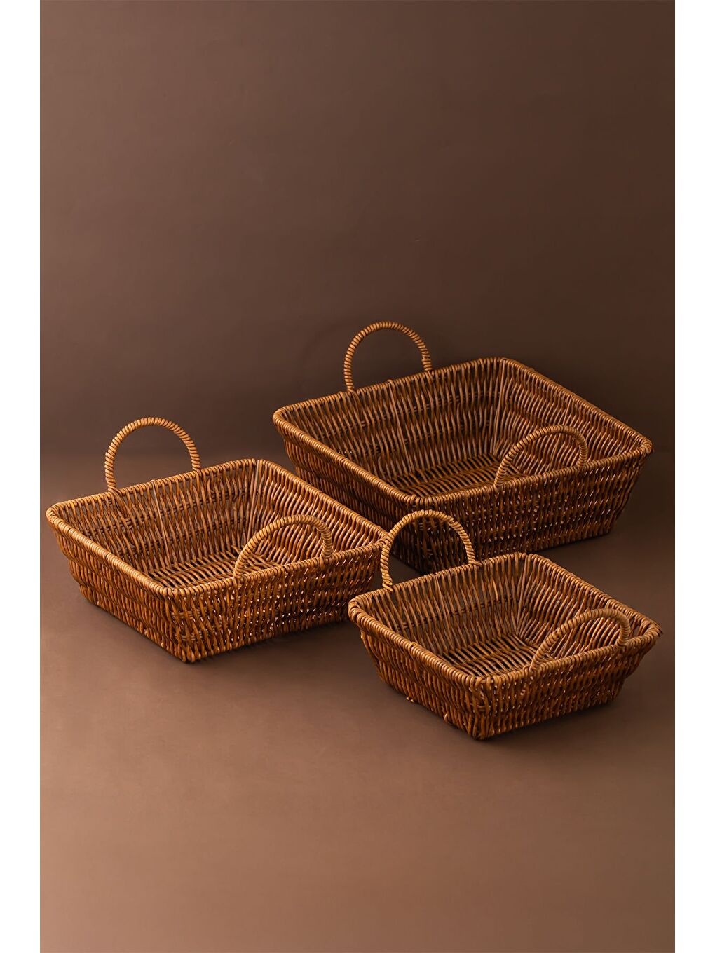 Kahverengi 303-C Kare 3'lü Hasır Sepet Dekoratif Ev Düzenleyici Hasır Sepet Seti Banyo Düzenleyici Sepet-1