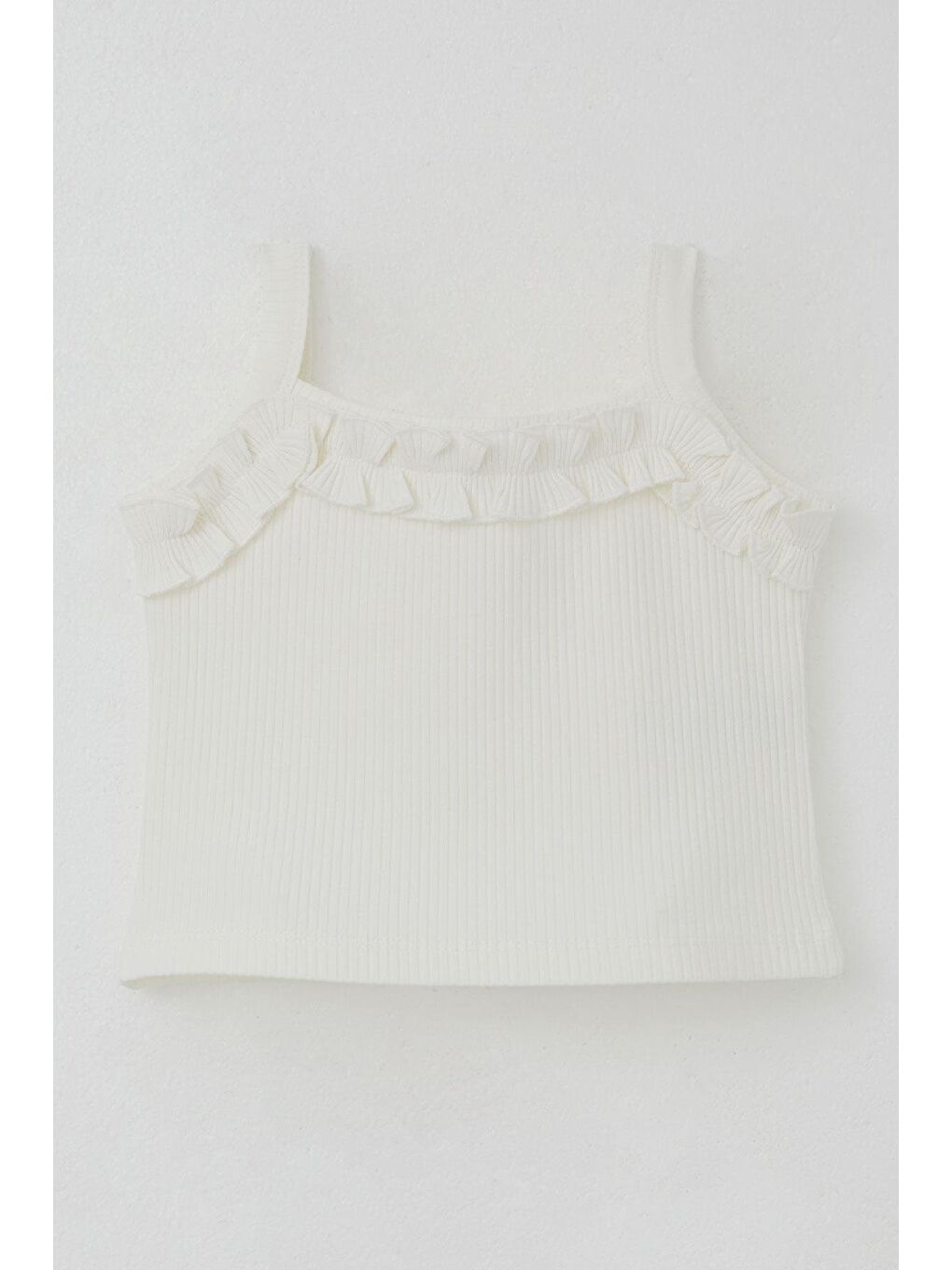 Kız Çocuk Askılı Crop Tişört Fırfır Detaylı Ekru (8-14 Yaş)