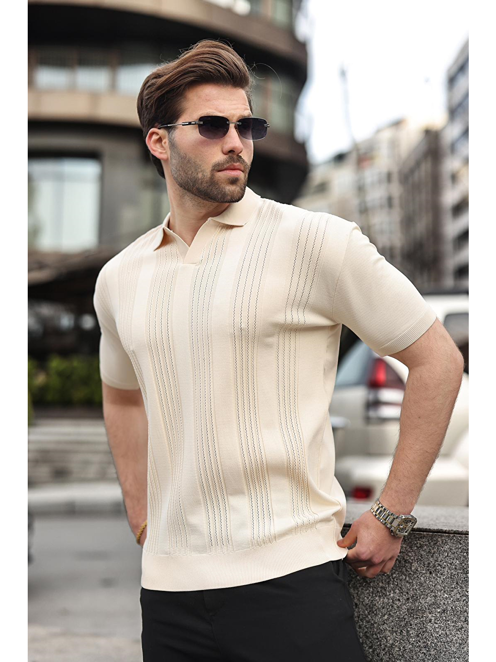 Bej Taş Rengi Polo Yaka Triko Erkek Tişört E7469-1