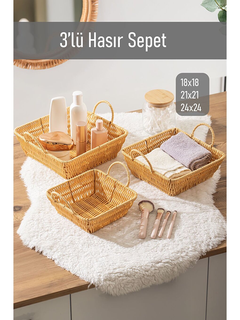 Kahverengi 303-B Kare 3'lü Hasır Sepet Dekoratif Ev Düzenleyici Hasır Sepet Seti Banyo Düzenleyici Sepet