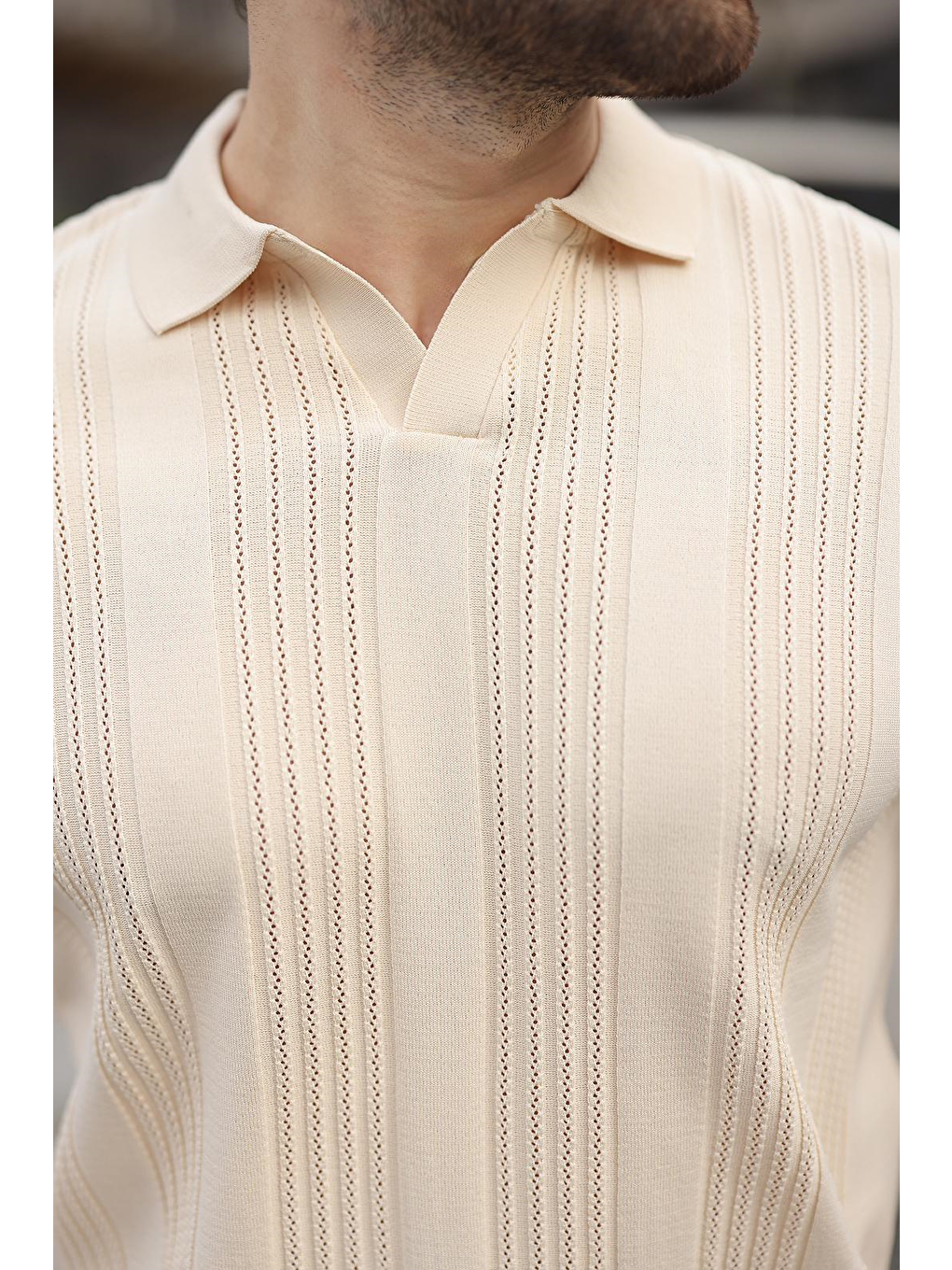 Bej Taş Rengi Polo Yaka Triko Erkek Tişört E7469-2