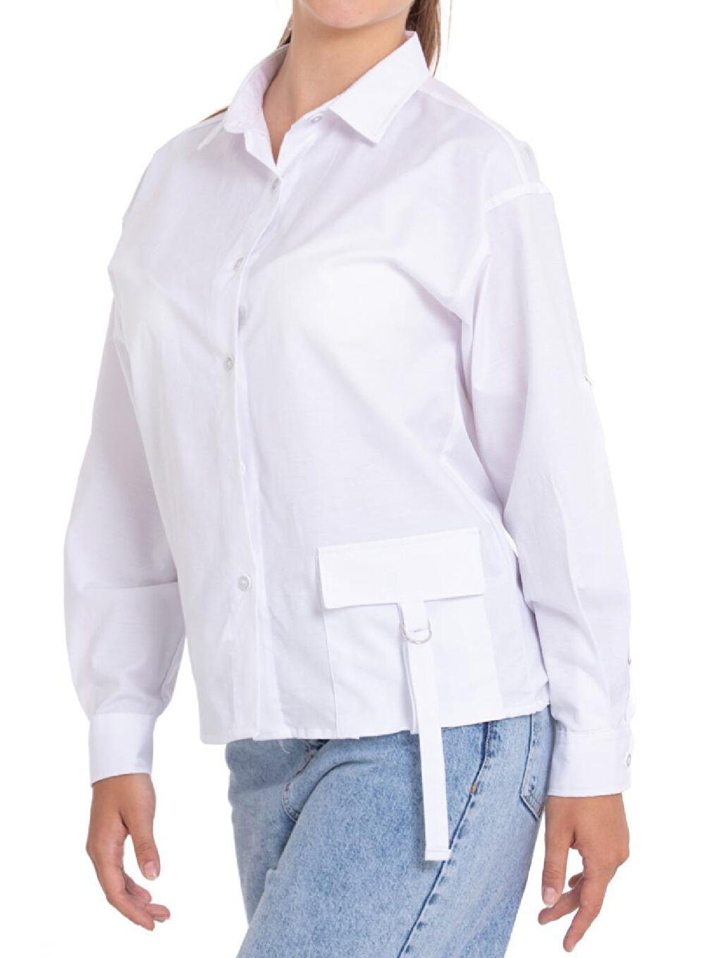 Beyaz Kız Çocuk Cepli ve Cep Kemerli Gömlek 1251.1