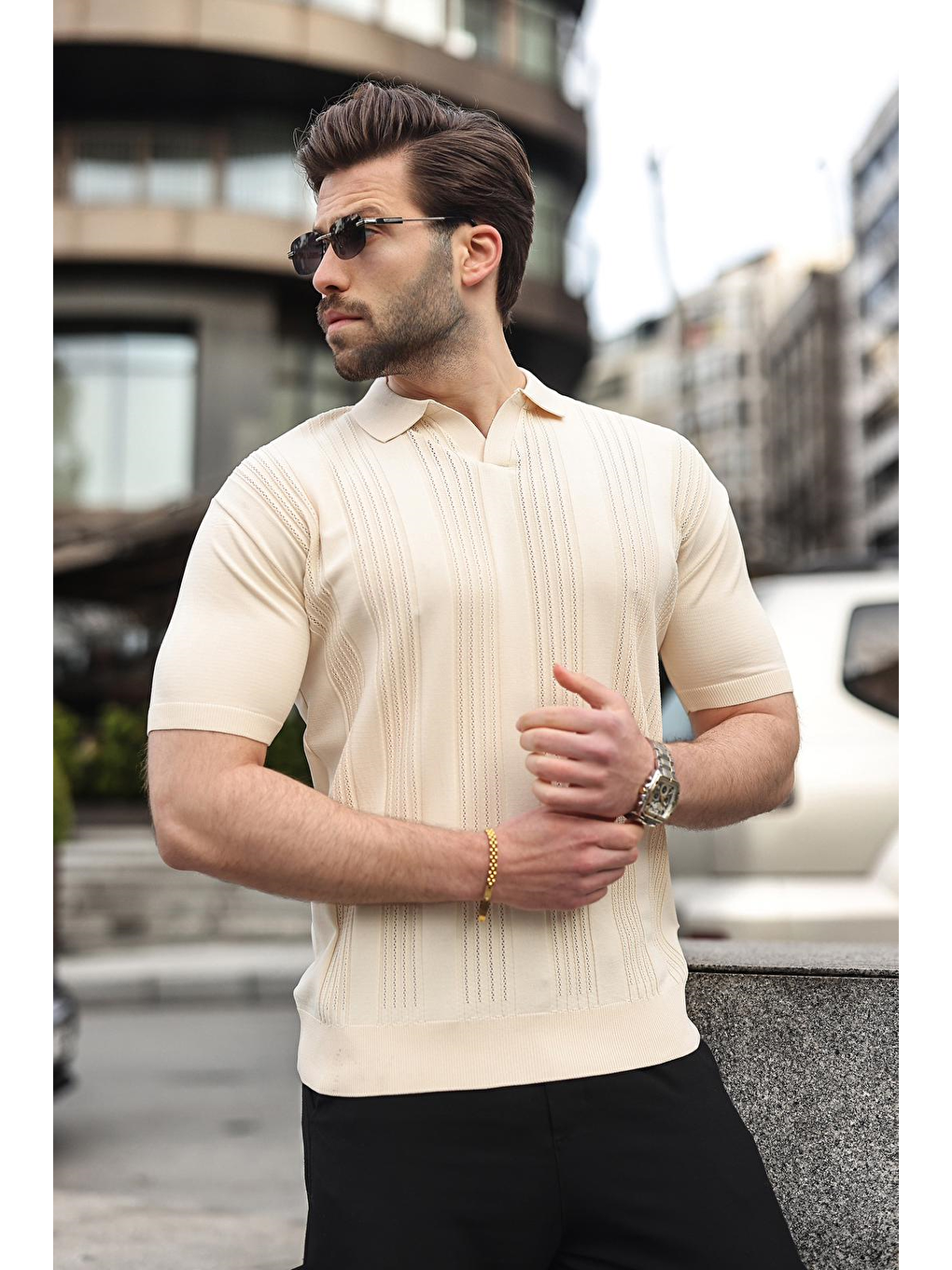 Bej Taş Rengi Polo Yaka Triko Erkek Tişört E7469-3