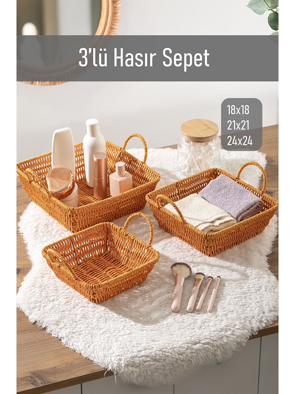 Kahverengi 303-A Kare 3'lü Hasır Sepet Dekoratif Ev Düzenleyici Hasır Sepet Seti Banyo Düzenleyici Sepet