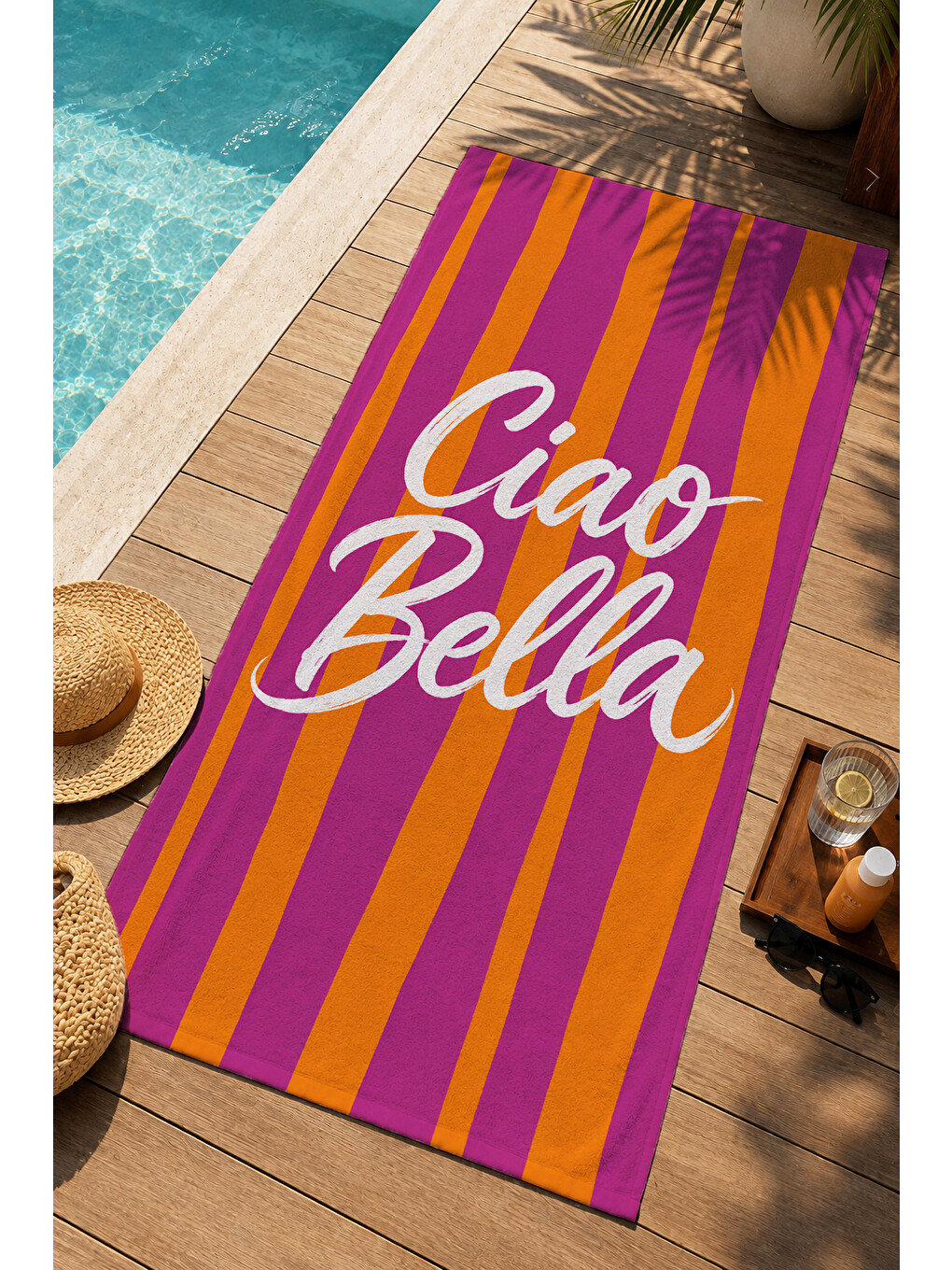 Retro Ciao Bella Yazılı Turuncu Mor Çizgili Desenli 70x150 Plaj Havlusu - Pamuklu Banyo Havlusu