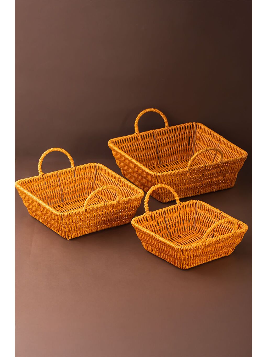 Kahverengi 303-A Kare 3'lü Hasır Sepet Dekoratif Ev Düzenleyici Hasır Sepet Seti Banyo Düzenleyici Sepet-1