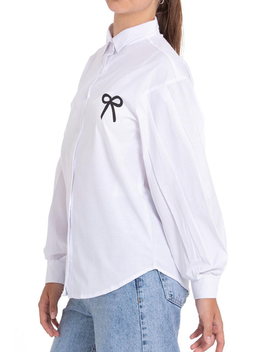 Beyaz Kız Çocuk Fiyonk Görsel Baskılı-Bel Panelli Gömlek 1252.1