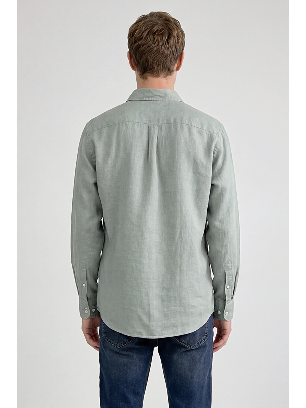 Yeşil %100 Keten Regular Fit Gömlek-4