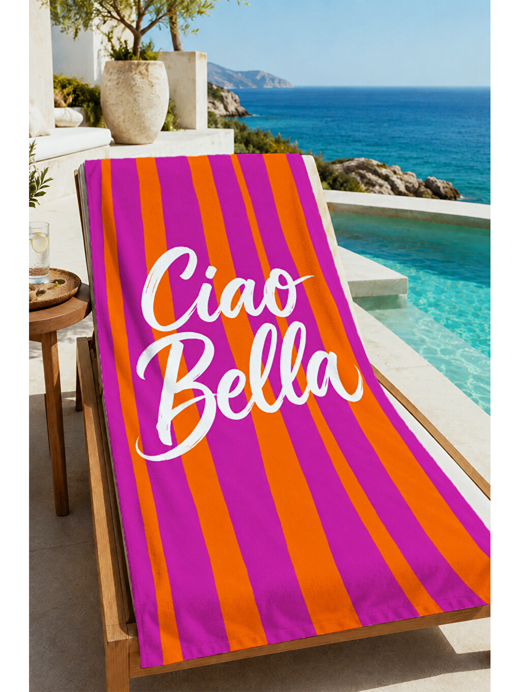 Retro Ciao Bella Yazılı Turuncu Mor Çizgili Desenli 70x150 Plaj Havlusu - Pamuklu Banyo Havlusu-1