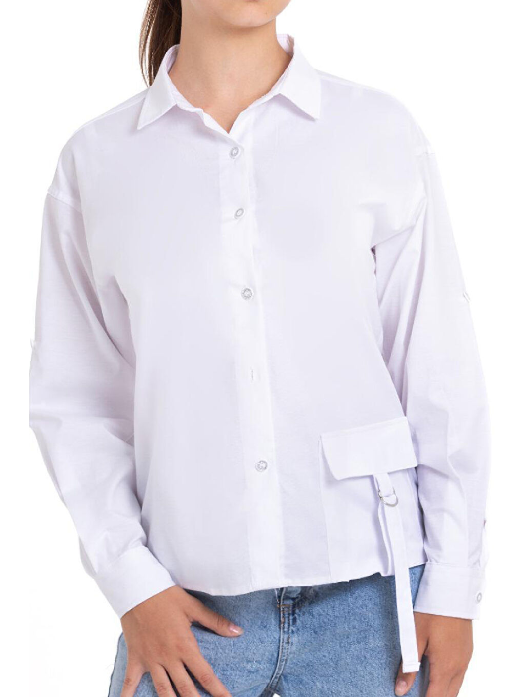 Beyaz Kız Çocuk Cepli ve Cep Kemerli Gömlek 1251.1-1