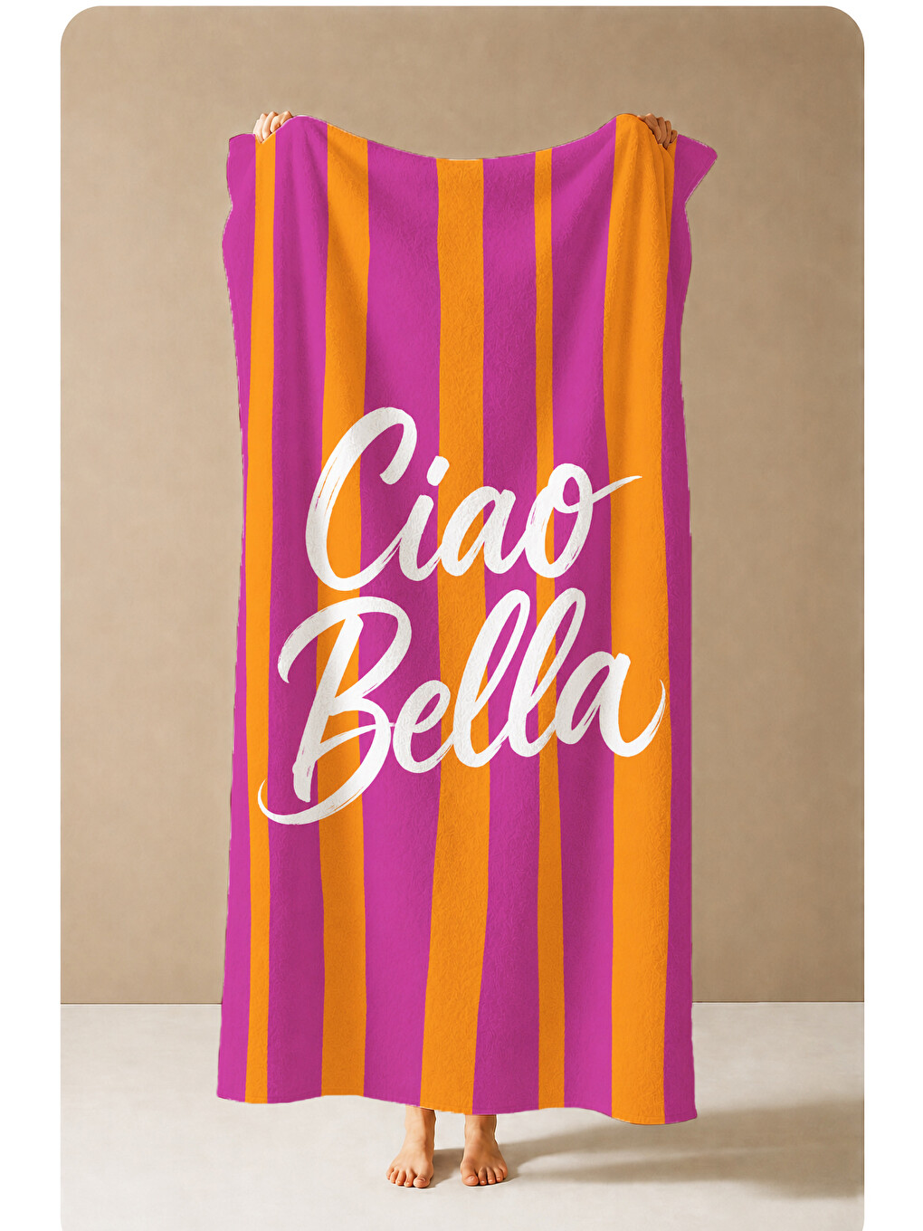 Retro Ciao Bella Yazılı Turuncu Mor Çizgili Desenli 70x150 Plaj Havlusu - Pamuklu Banyo Havlusu-3