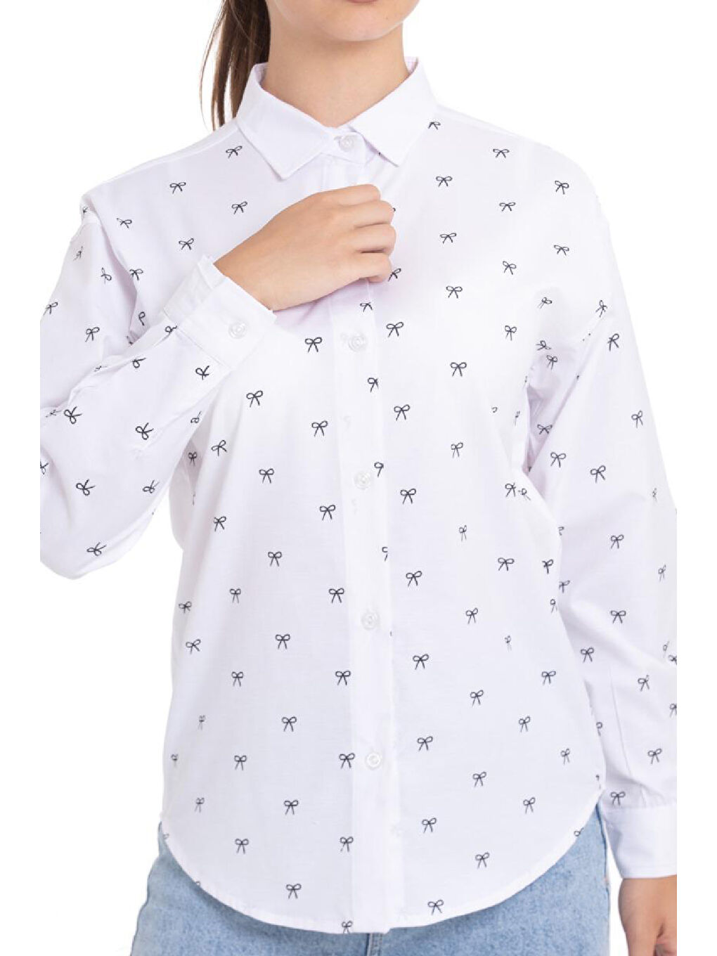 Beyaz Kız Çocuk Fiyonk Baskılı-Bel Panelli Gömlek 1250.1-1