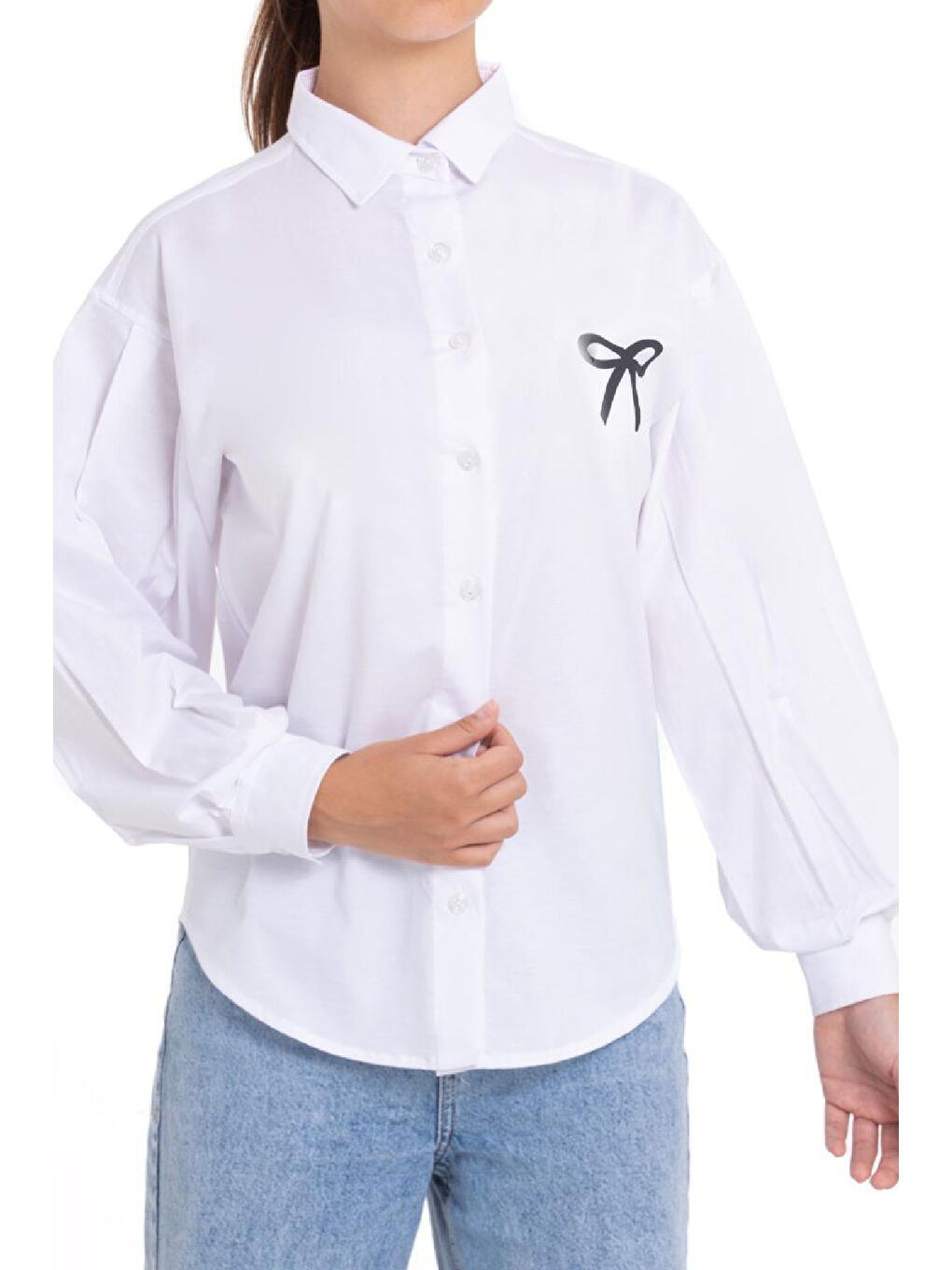 Beyaz Kız Çocuk Fiyonk Görsel Baskılı-Bel Panelli Gömlek 1252.1-1