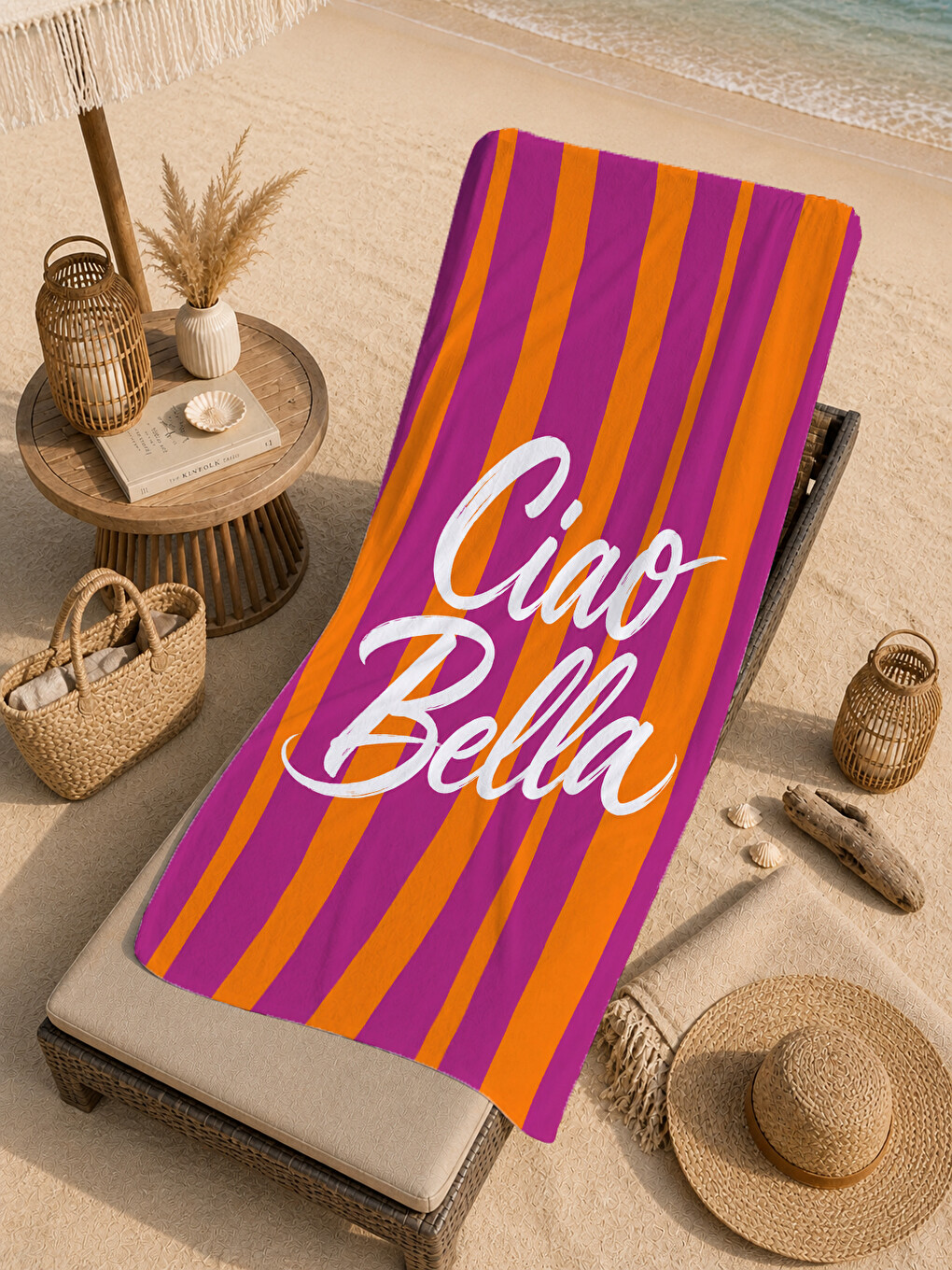 Retro Ciao Bella Yazılı Turuncu Mor Çizgili Desenli 70x150 Plaj Havlusu - Pamuklu Banyo Havlusu-4