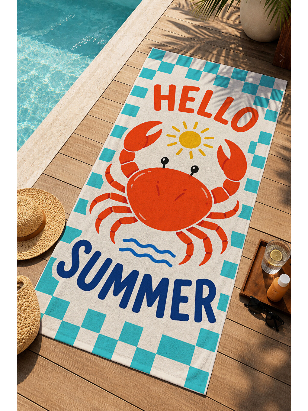 Mavi Pop Art Hello Summer Yengeç Ekose Desenli 70x150 Plaj Havlusu - Dijital Baskılı Banyo Havlusu
