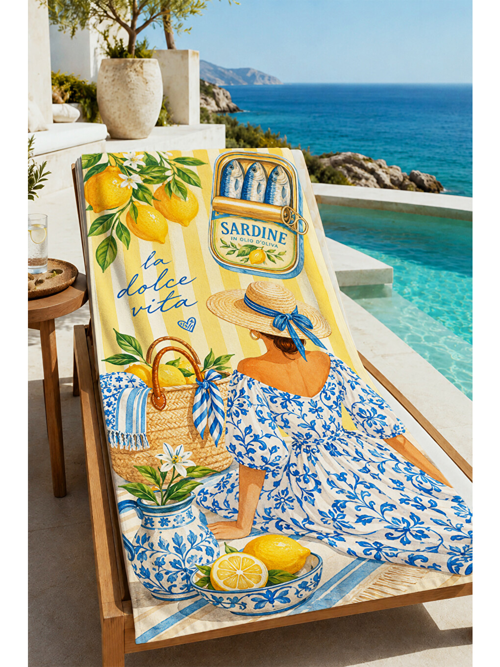 Akdeniz Limon Mavi Çini Desenli 70x150 Plaj Havlusu - Dijital Baskılı Solmaz Banyo Havlusu-1