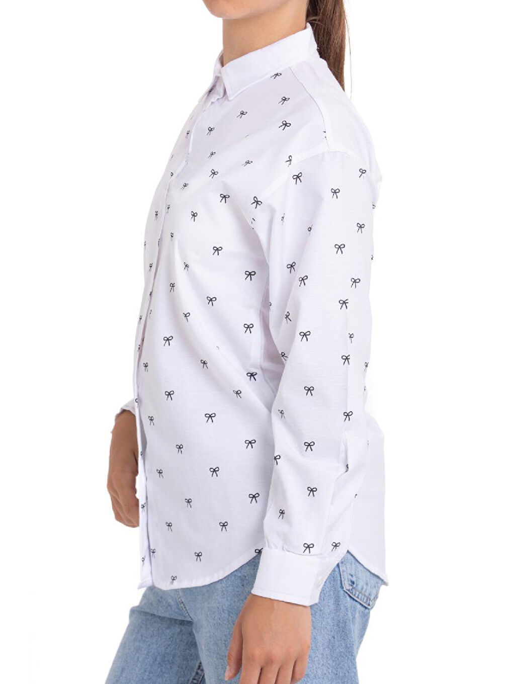 Beyaz Kız Çocuk Fiyonk Baskılı-Bel Panelli Gömlek 1250.1-2