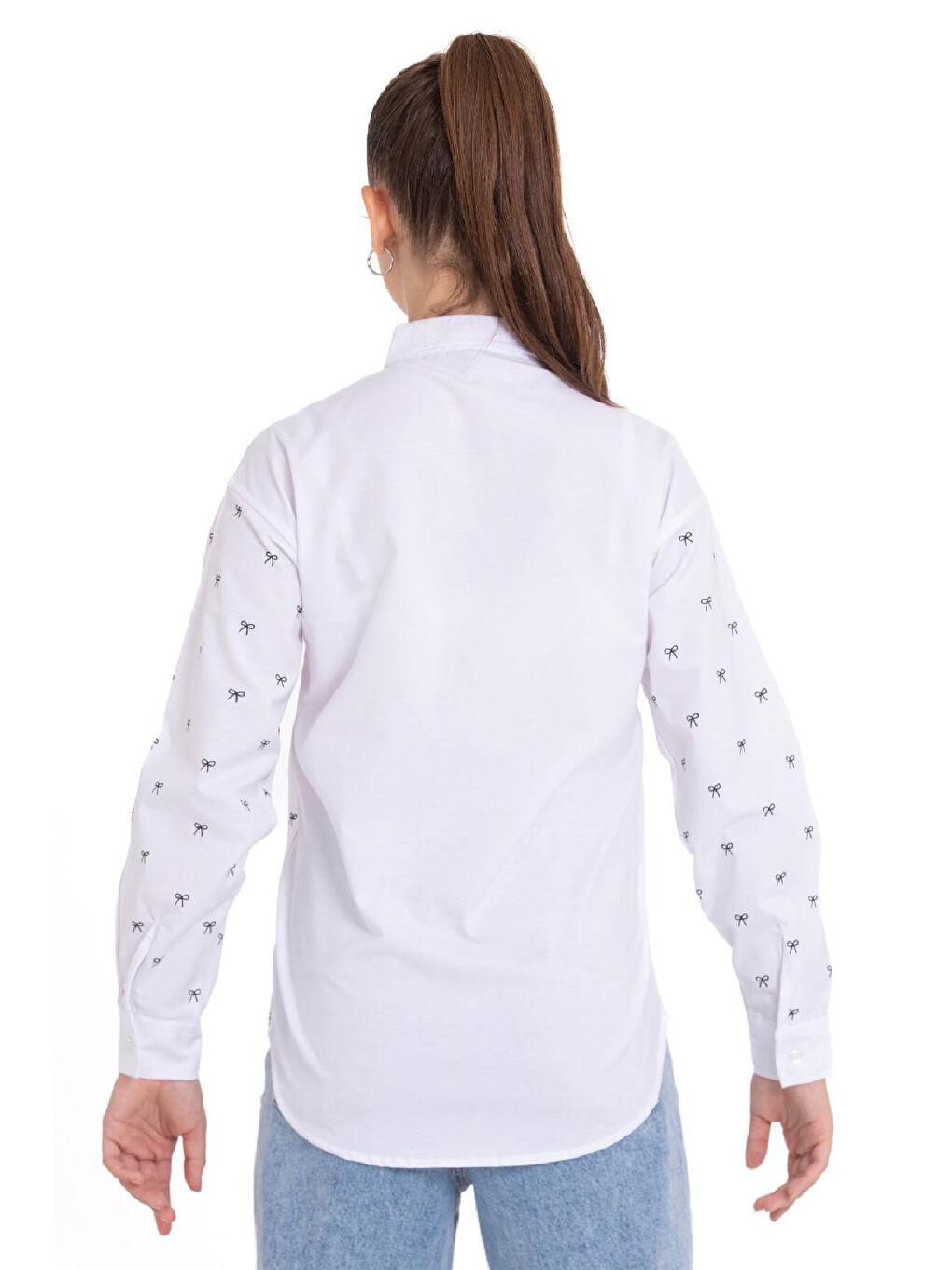 Beyaz Kız Çocuk Fiyonk Baskılı-Bel Panelli Gömlek 1250.1-3